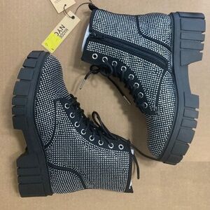 Madden NYC Women's Chunky Lug Black Rhinestone Combat Boots US Sz 7 & 8